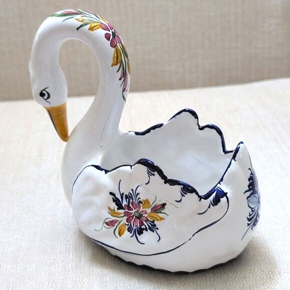 Elegant Hand Painted White Swan Ceramic Art Piece Floral Swan Planter Bowl - Picture 11 of 11